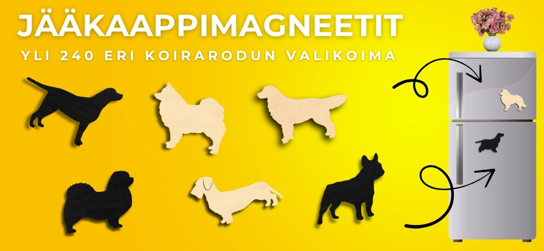 Koivuvanerista valmistetut koirarotu-aiheiset jääkaappimagneetit yli 240 eri koirarodusta