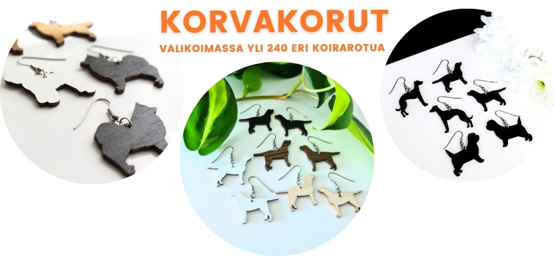 Koivuvanerista valmistetut koirarotu-aiheiset korvakorut yli 240 eri koirarodusta
