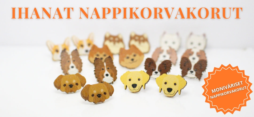Koivuvanerista valmistetut koirarotu-aiheiset moniväriset nappikorvakorut 